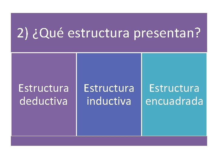 2) ¿Qué estructura presentan? Estructura deductiva inductiva encuadrada 2) ¿Qué estructura presentan? Estructura deductiva inductiva encuadrada