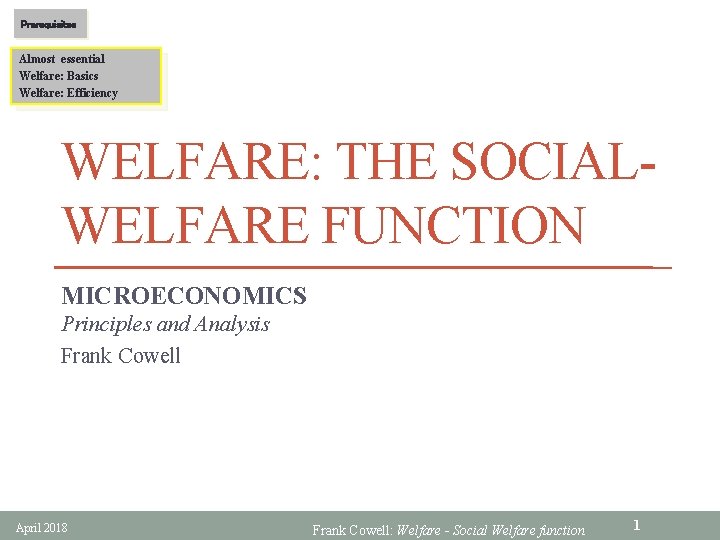 Prerequisites Almost essential Welfare: Basics Welfare: Efficiency WELFARE: THE SOCIALWELFARE FUNCTION MICROECONOMICS Principles and