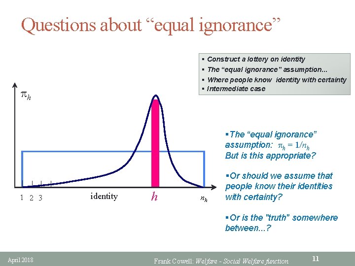 Questions about “equal ignorance” § Construct a lottery on identity § The “equal ignorance”