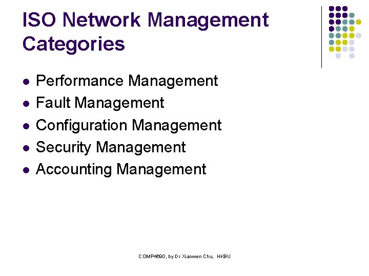 ISO Network Management Categories l l l Performance Management Fault Management Configuration Management Security