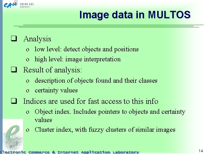 Image data in MULTOS q Analysis o low level: detect objects and positions o