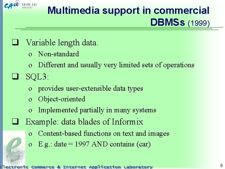 Multimedia support in commercial DBMSs (1999) q Variable length data. o Non-standard o Different