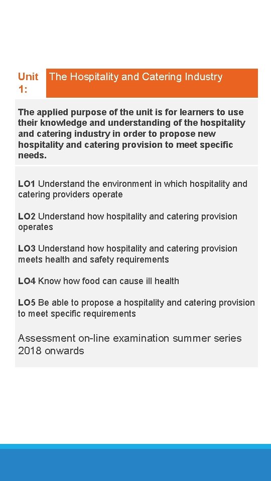 Unit 1: The Hospitality and Catering Industry The applied purpose of the unit is