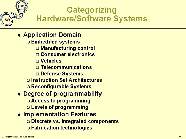 HW Categorizing Hardware/Software Systems SW l Application Domain m Embedded systems q Manufacturing control