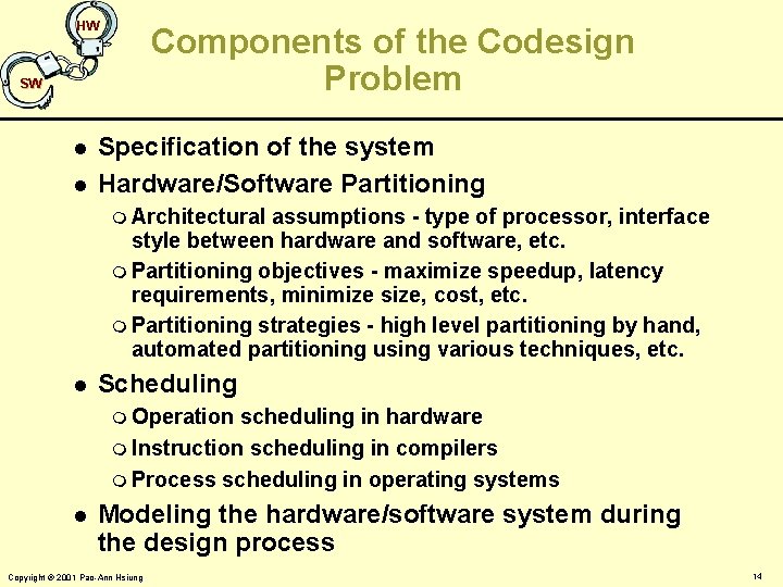 HW Components of the Codesign Problem SW l l Specification of the system Hardware/Software