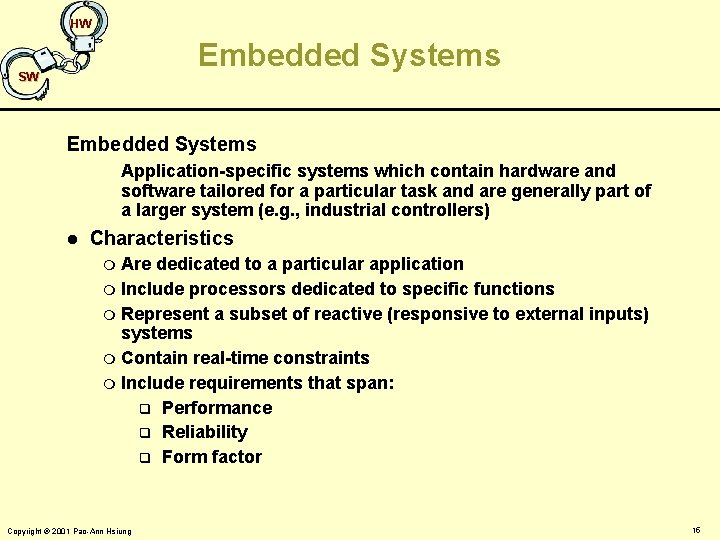 HW Embedded Systems SW Embedded Systems Application-specific systems which contain hardware and software tailored