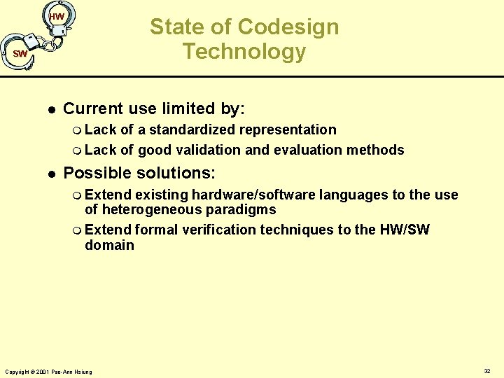 HW State of Codesign Technology SW l Current use limited by: m Lack of