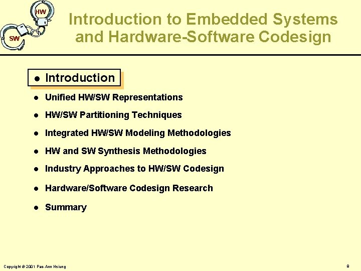 HW SW Introduction to Embedded Systems and Hardware-Software Codesign l Introduction l Unified HW/SW