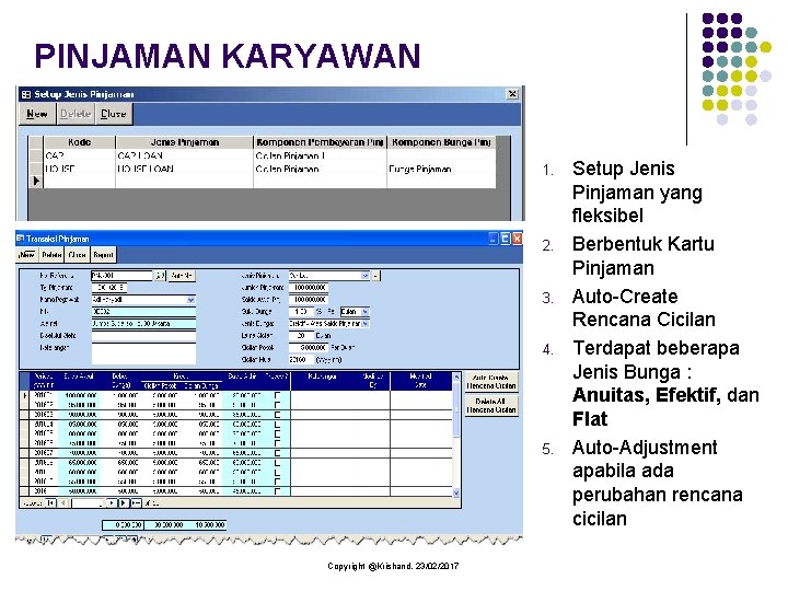 PINJAMAN KARYAWAN 1. 2. 3. 4. 5. Copyright @Krishand, 23/02/2017 Setup Jenis Pinjaman yang