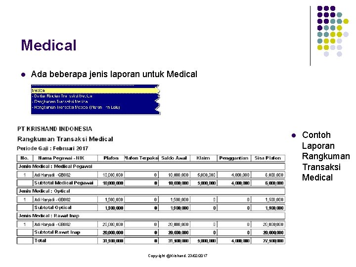 Medical l Ada beberapa jenis laporan untuk Medical l Copyright @Krishand, 23/02/2017 Contoh Laporan