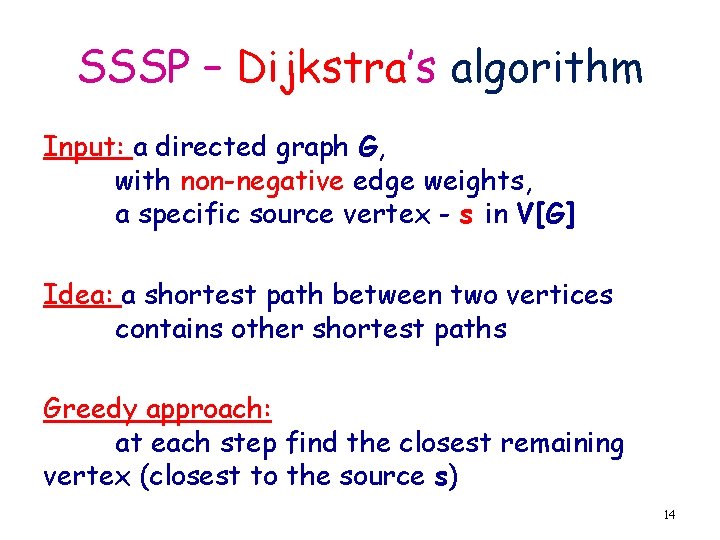 SSSP – Dijkstra’s algorithm Input: a directed graph G, with non-negative edge weights, a