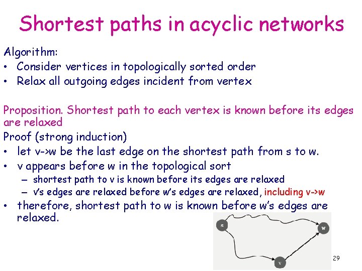 Shortest paths in acyclic networks Algorithm: • Consider vertices in topologically sorted order •