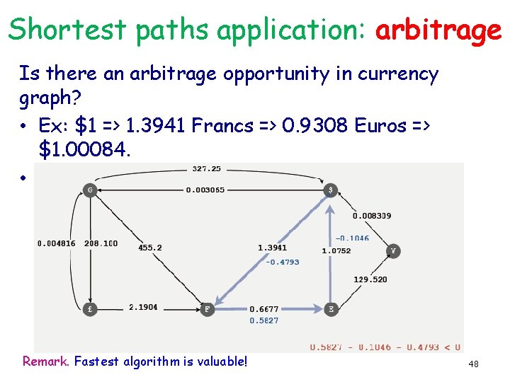 Shortest paths application: arbitrage Is there an arbitrage opportunity in currency graph? • Ex: