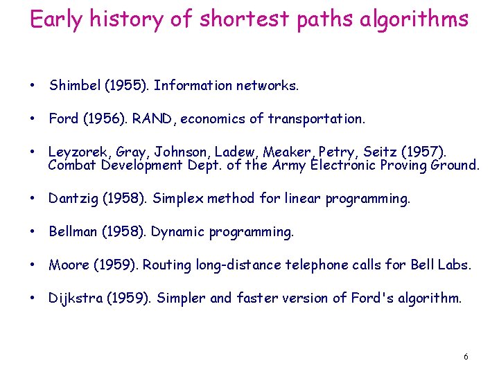 Early history of shortest paths algorithms • Shimbel (1955). Information networks. • Ford (1956).