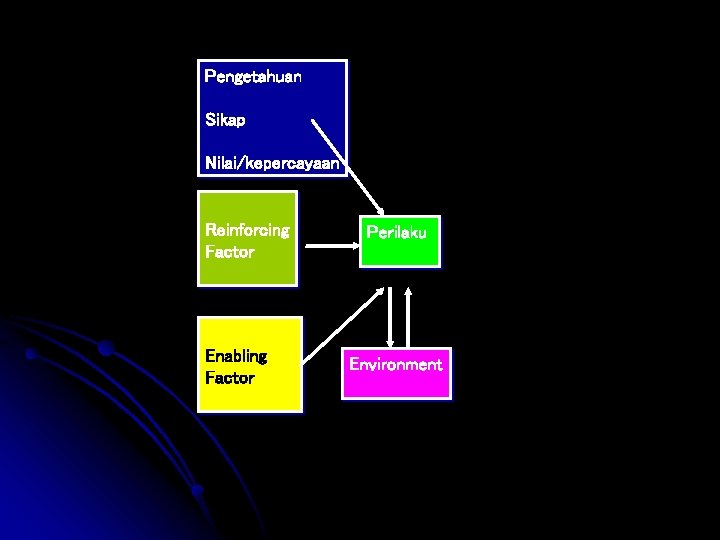 Pengetahuan Sikap Nilai/kepercayaan Reinforcing Factor Enabling Factor Perilaku Environment 