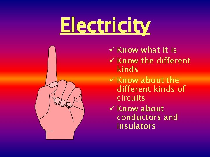 Electricity ü Know what it is ü Know the different kinds ü Know about