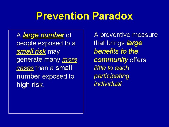 Prevention Paradox A large number of people exposed to a small risk may generate