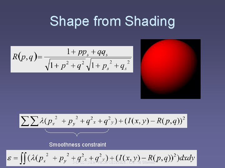 Shape from Shading Smoothness constraint 3 -D Computer Vision CSc 83029 / Ioannis Stamos