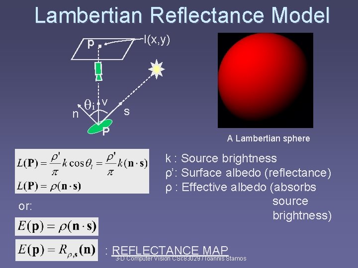 Lambertian Reflectance Model I(x, y) p n θi v P or: s A Lambertian