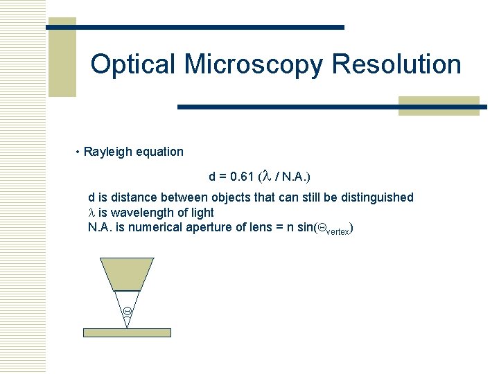 Optical Microscopy Resolution • Rayleigh equation d = 0. 61 (l / N. A.