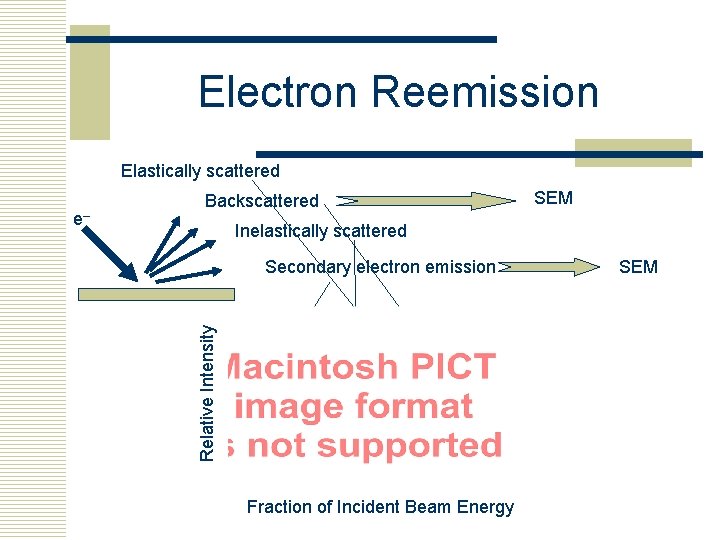 Electron Reemission Elastically scattered SEM Inelastically scattered Secondary electron emission Relative Intensity e– Backscattered