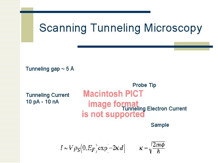Scanning Tunneling Microscopy Tunneling gap ~ 5 Å Probe Tip Tunneling Current 10 p.