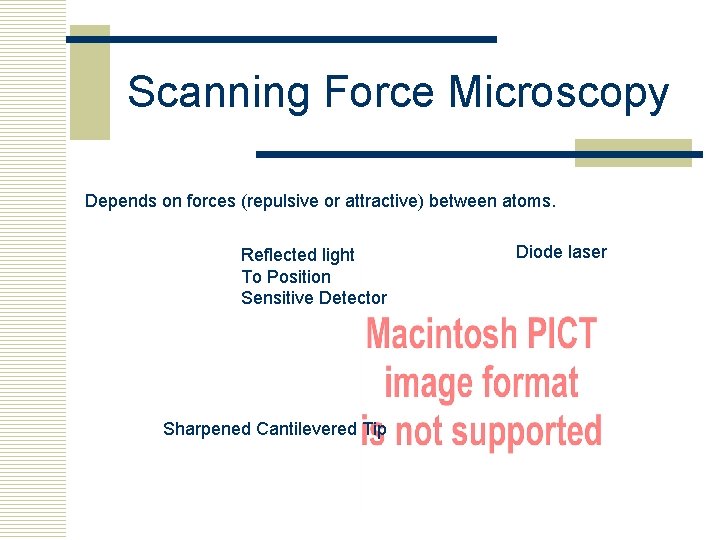 Scanning Force Microscopy Depends on forces (repulsive or attractive) between atoms. Reflected light To