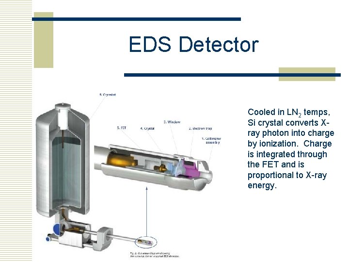 EDS Detector Cooled in LN 2 temps, Si crystal converts Xray photon into charge
