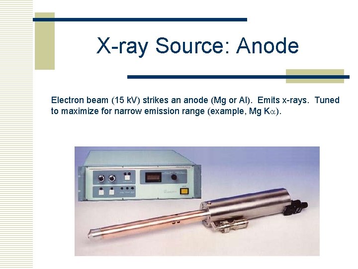 X-ray Source: Anode Electron beam (15 k. V) strikes an anode (Mg or Al).