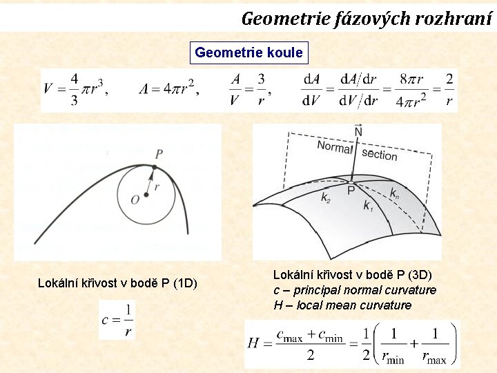 Geometrie fázových rozhraní Geometrie koule Lokální křivost v bodě P (1 D) Lokální křivost