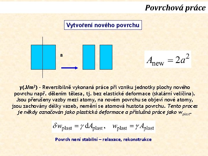 Povrchová práce Vytvoření nového povrchu a γ(J/m 2) - Reversibilně vykonaná práce při vzniku