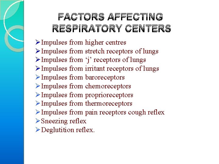 FACTORS AFFECTING RESPIRATORY CENTERS ØImpulses from higher centres ØImpulses from stretch receptors of lungs