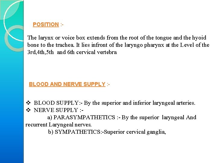 POSITION : - The larynx or voice box extends from the root of the