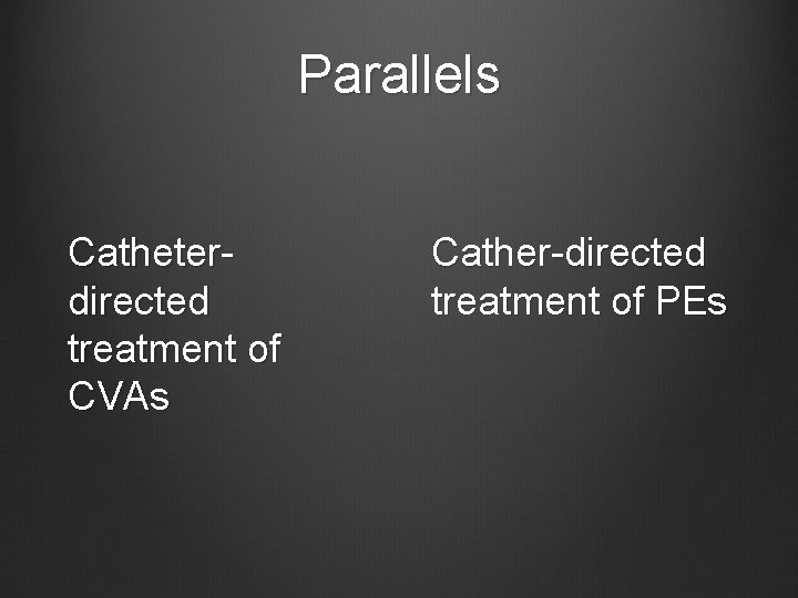 Parallels Catheterdirected treatment of CVAs Cather-directed treatment of PEs 