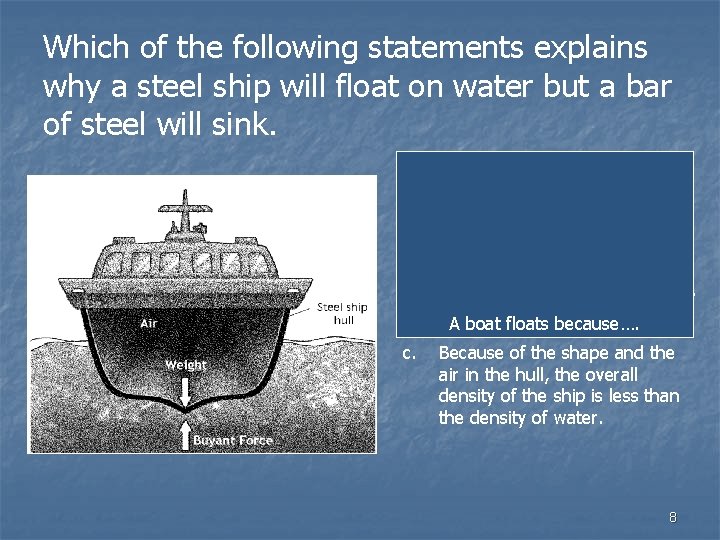 Which of the following statements explains why a steel ship will float on water