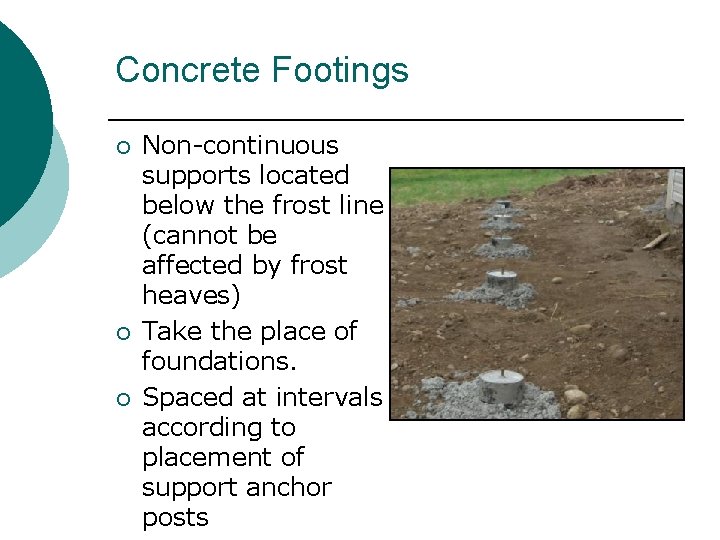 Concrete Footings ¡ ¡ ¡ Non-continuous supports located below the frost line (cannot be Concrete Footings ¡ ¡ ¡ Non-continuous supports located below the frost line (cannot be
