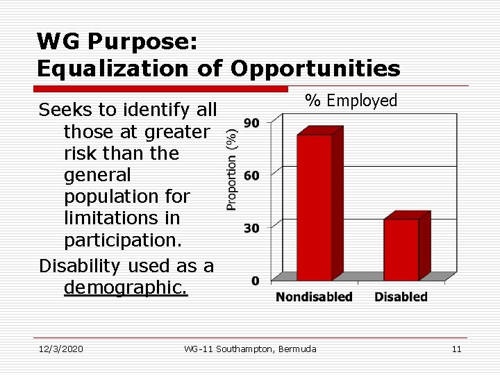 WG Purpose: Equalization of Opportunities Seeks to identify all those at greater risk than