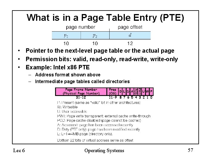 What is in a Page Table Entry (PTE) • Pointer to the next-level page