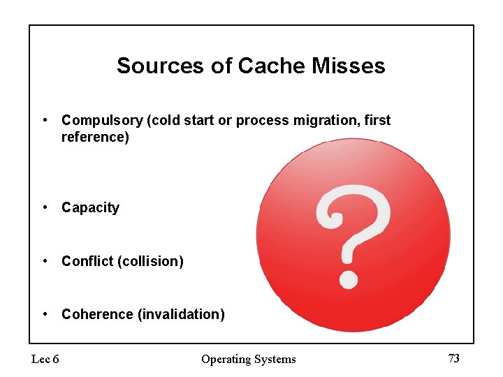 Sources of Cache Misses • Compulsory (cold start or process migration, first reference) •