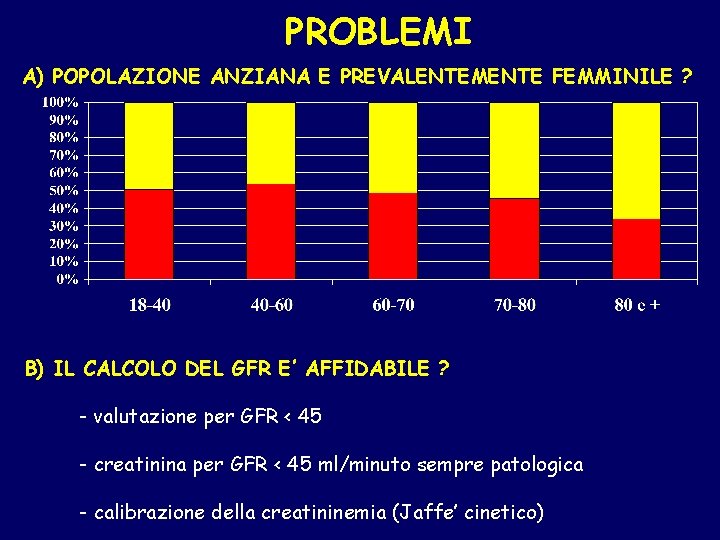 PROBLEMI A) POPOLAZIONE ANZIANA E PREVALENTEMENTE FEMMINILE ? B) IL CALCOLO DEL GFR E’