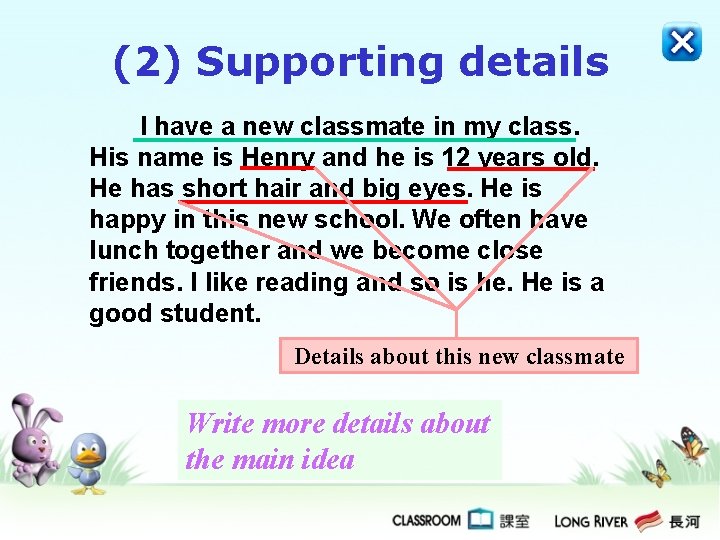 (2) Supporting details I have a new classmate in my class. His name is (2) Supporting details I have a new classmate in my class. His name is