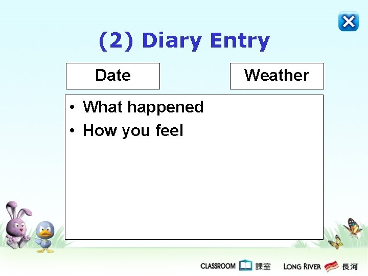 (2) Diary Entry Date • What happened • How you feel Weather (2) Diary Entry Date • What happened • How you feel Weather
