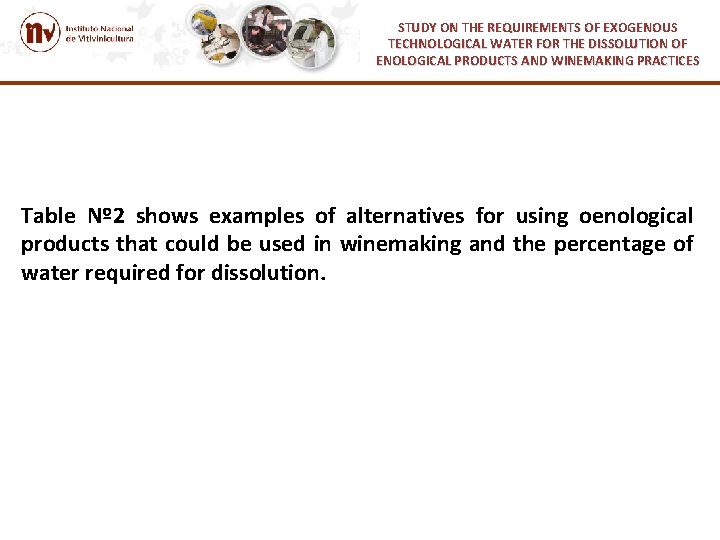 STUDY ON THE REQUIREMENTS OF EXOGENOUS TECHNOLOGICAL WATER FOR THE DISSOLUTION OF ENOLOGICAL PRODUCTS STUDY ON THE REQUIREMENTS OF EXOGENOUS TECHNOLOGICAL WATER FOR THE DISSOLUTION OF ENOLOGICAL PRODUCTS