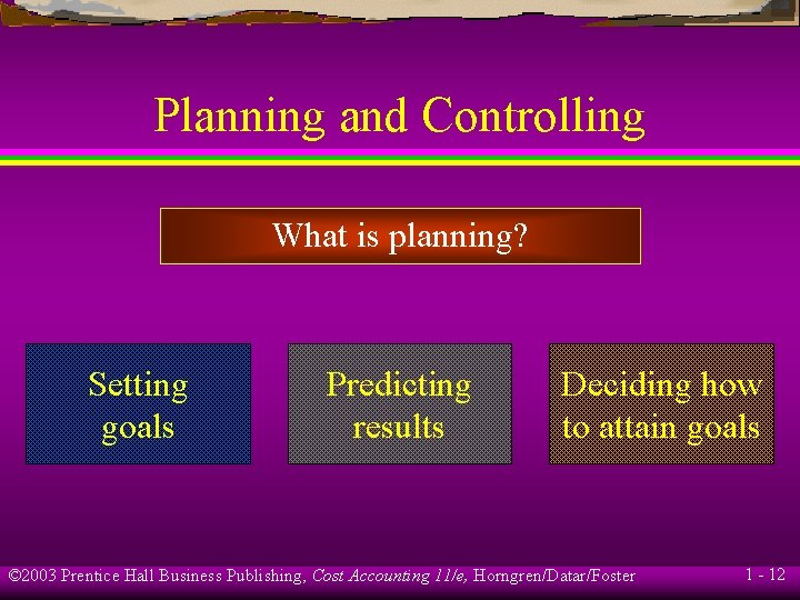 Planning and Controlling What is planning? Setting goals Predicting results Deciding how to attain