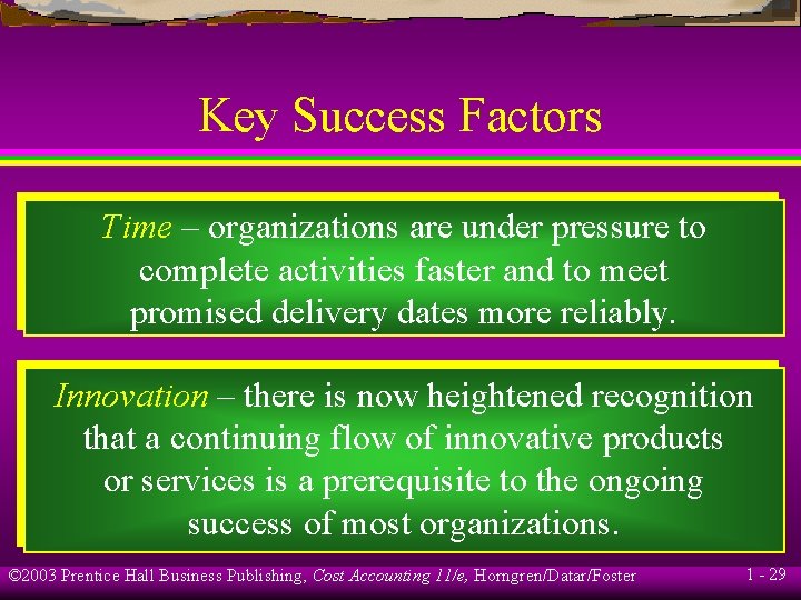 Key Success Factors Time – organizations are under pressure to complete activities faster and