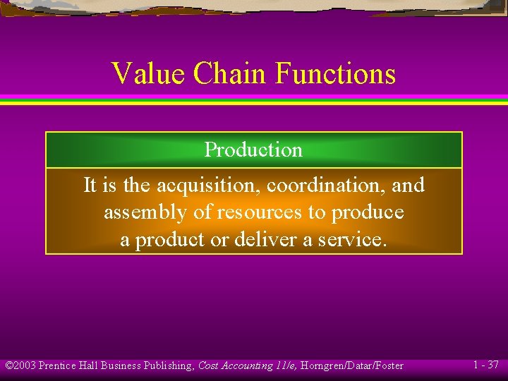 Value Chain Functions Production It is the acquisition, coordination, and assembly of resources to