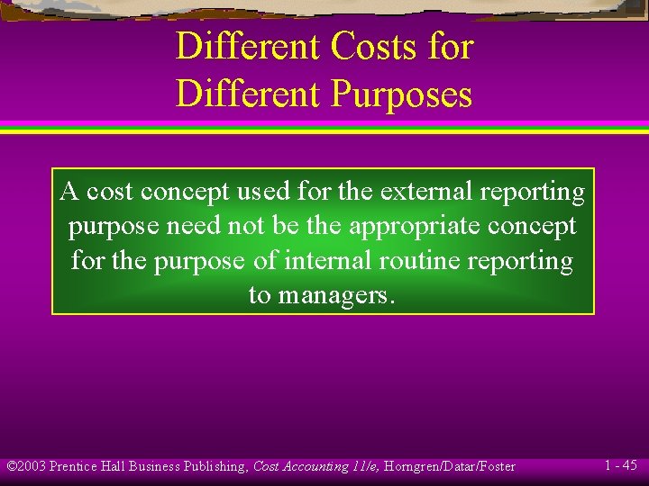 Different Costs for Different Purposes A cost concept used for the external reporting purpose