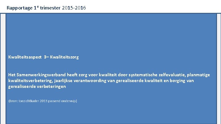 Rapportage 1 e trimester 2015‐ 2016 Kwaliteitsaspect 3– Kwaliteitszorg Het Samenwerkingsverband heeft zorg voor