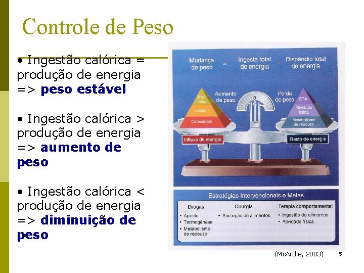 Controle de Peso • Ingestão calórica = produção de energia => peso estável •
