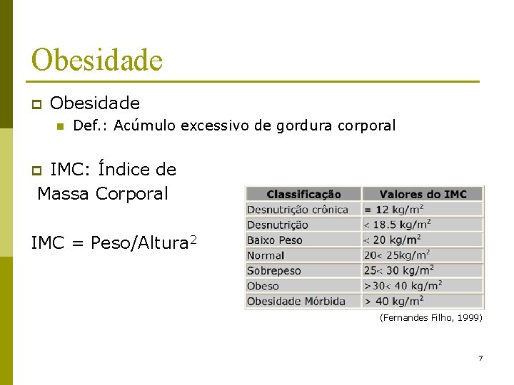 Obesidade p Obesidade n Def. : Acúmulo excessivo de gordura corporal IMC: Índice de